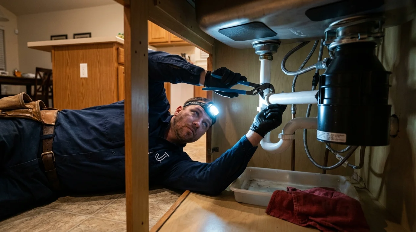 P-trap and supply line connections under a kitchen sink showing a common leak point in Homestead, FL